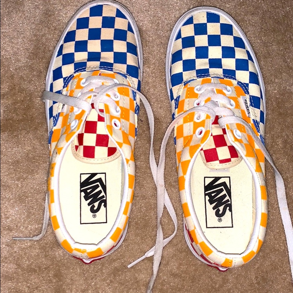 multicolored checkerboard laced vans
